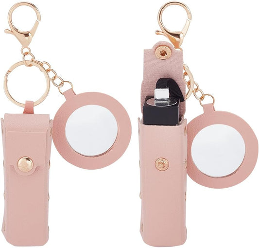 2Pcs PU Leather Lipstick Sleeves with round Mirror, Portable Lipstick Keychain Holder Snap-On Lip Balm Organizer Case Mini Travel Lipstick Cosmetics Holder for Women Ladies, Pink